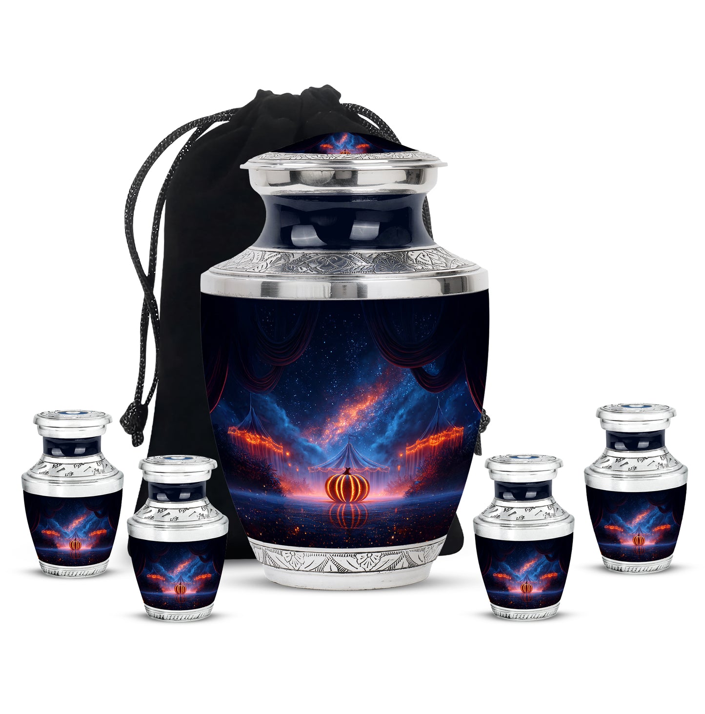 Dusty Blue Halloween Cremation Urn lifestyle display on memorial shelf - contemporary halloween design with modern artistic flair - memorial set with one large and four small urns