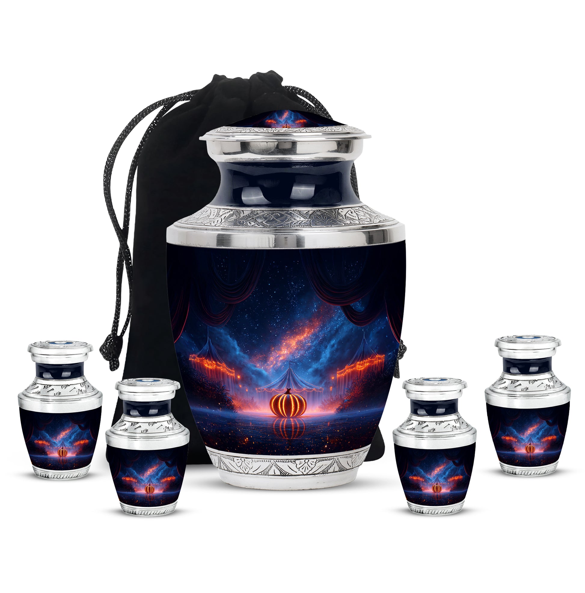 Dusty Blue Halloween Cremation Urn lifestyle display on memorial shelf - contemporary halloween design with modern artistic flair - memorial set with one large and four small urns