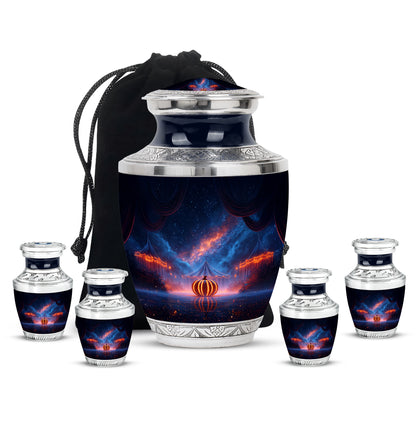 Dusty Blue Halloween Cremation Urn lifestyle display on memorial shelf - contemporary halloween design with modern artistic flair - memorial set with one large and four small urns