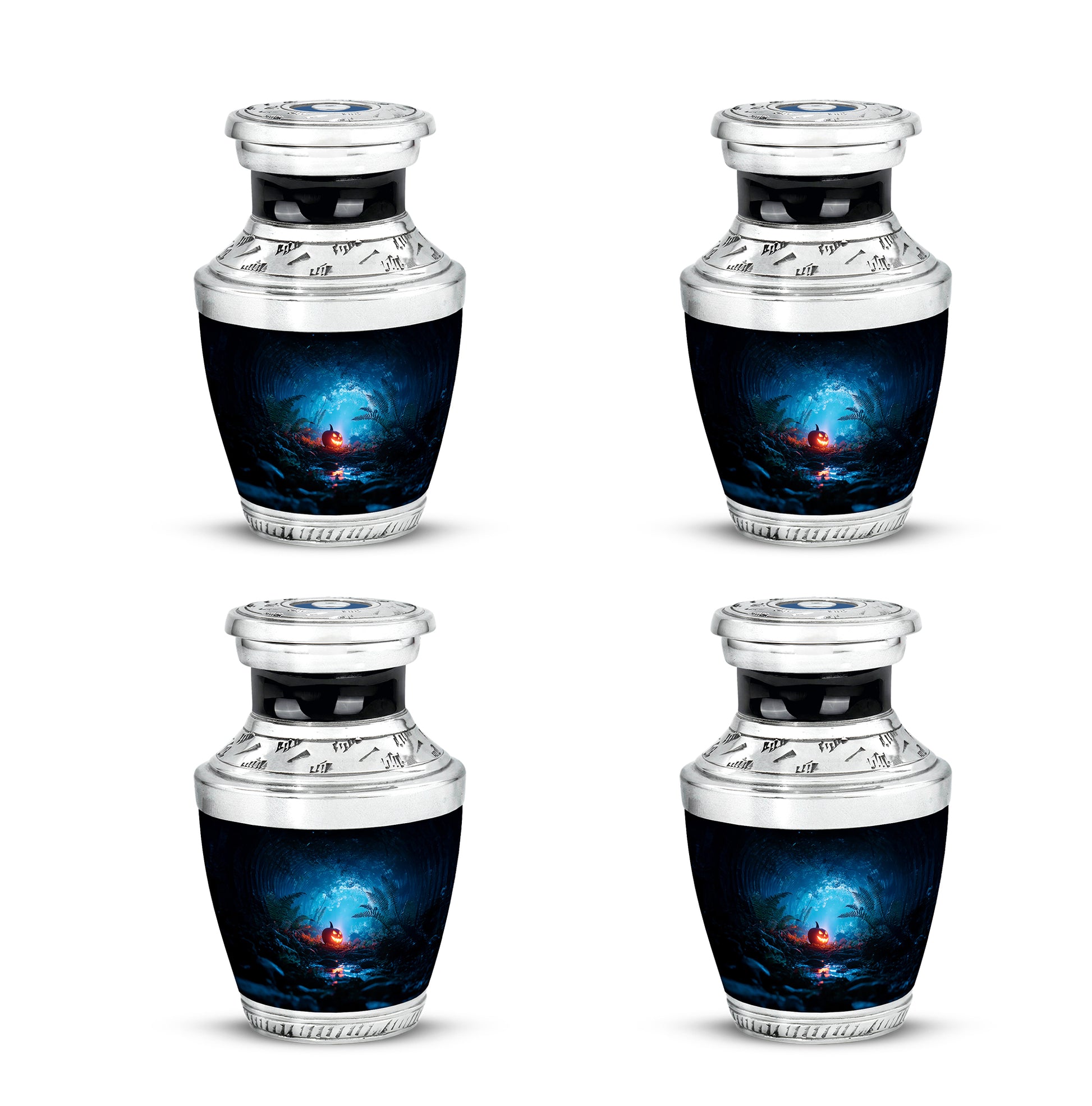 Glossy Black Halloween Cremation Urn back view with polished surface - modern art-inspired halloween motif on sleek aluminum - 10 inch aluminum urn for cremated remains