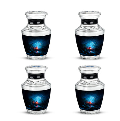 Glossy Black Halloween Cremation Urn back view with polished surface - modern art-inspired halloween motif on sleek aluminum - 10 inch aluminum urn for cremated remains