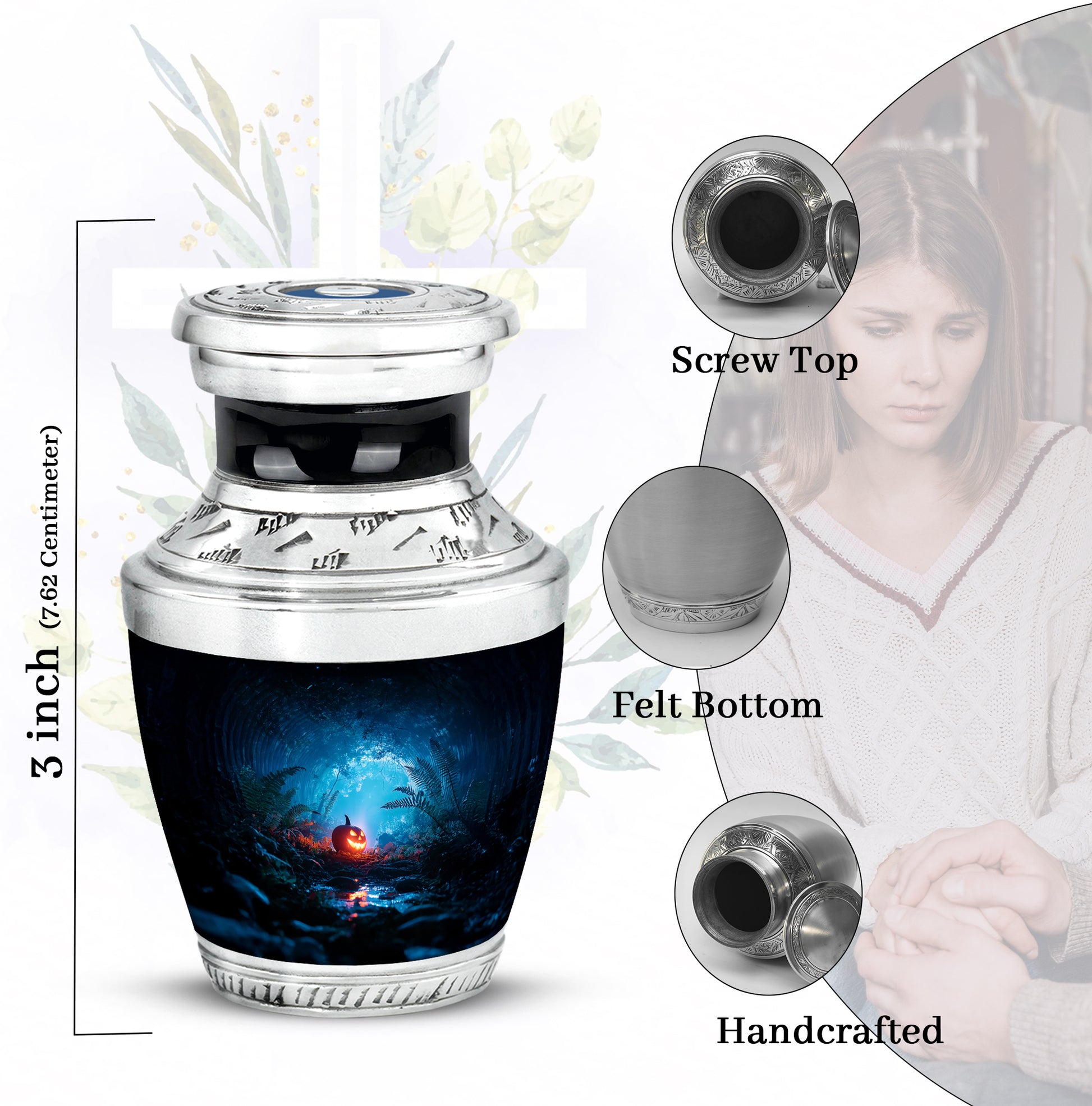 Glossy Black Halloween Cremation Urn top-down view of secure threaded lid - modern art-inspired halloween motif on sleek aluminum - mini keepsake memorial for portion of cremation ashes
