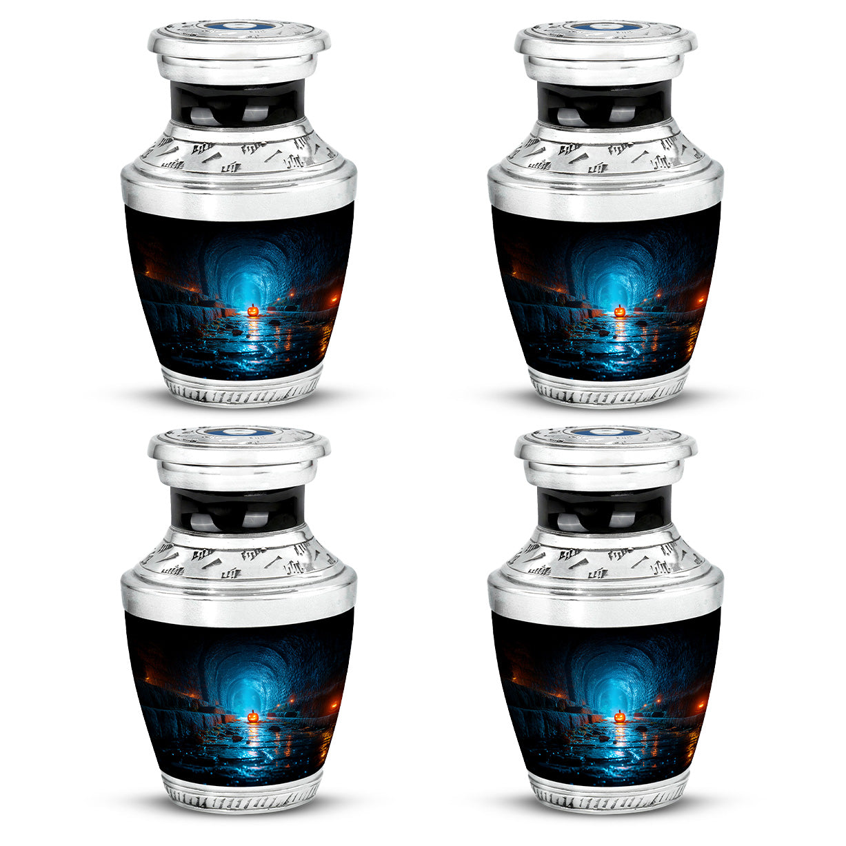 Jet Black Halloween Cremation Urn back view with polished surface - modern art-inspired halloween motif on sleek aluminum - 10 inch aluminum urn for cremated remains