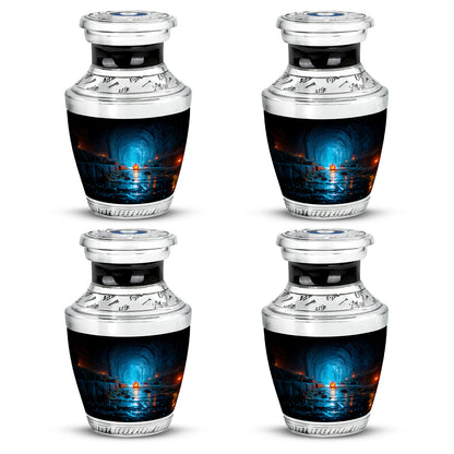 Jet Black Halloween Cremation Urn back view with polished surface - modern art-inspired halloween motif on sleek aluminum - 10 inch aluminum urn for cremated remains