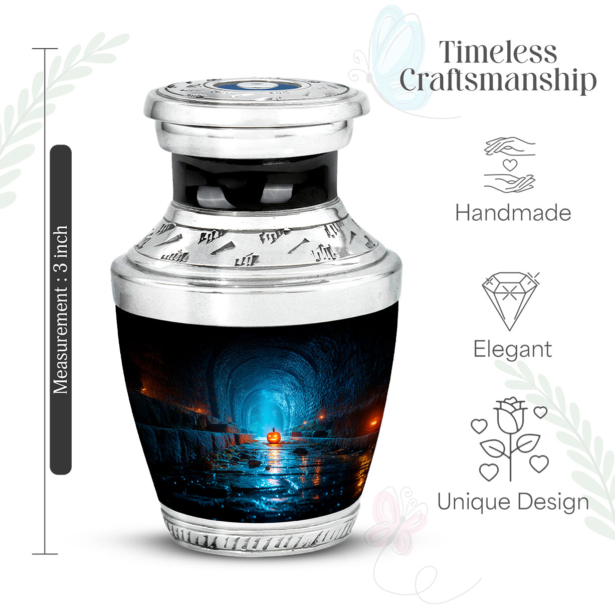 Ebony Halloween Cremation Urn top-down view of secure threaded lid - contemporary halloween design with modern artistic flair - mini keepsake memorial for portion of cremation ashes