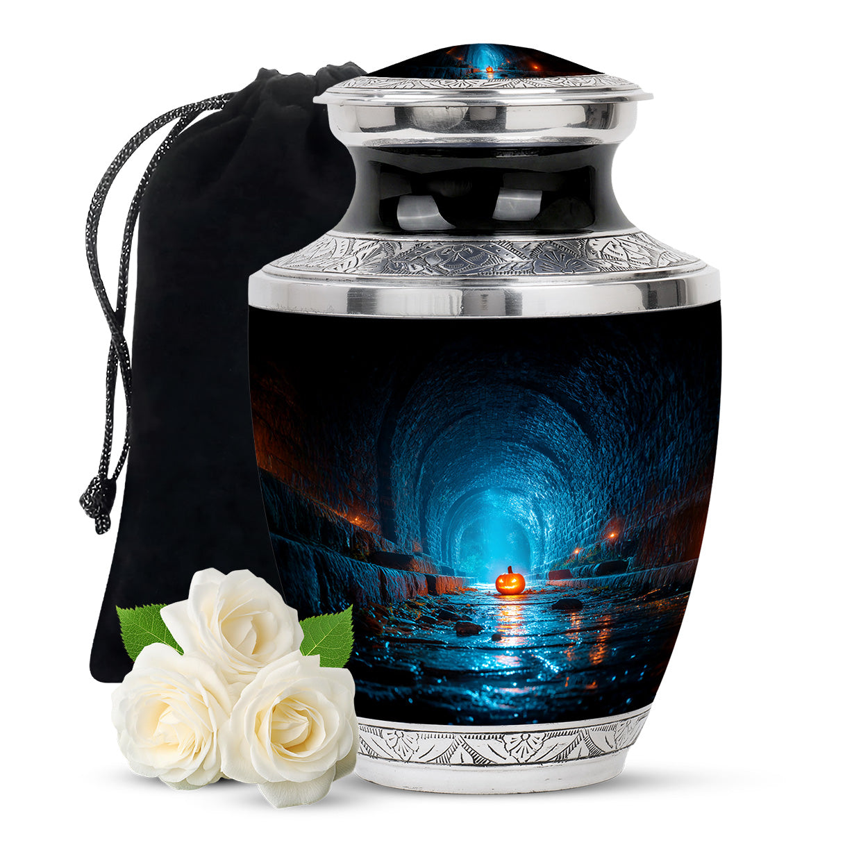 Charcoal Black Halloween Cremation Urn side profile showing urn shape - stylized abstract halloween pattern with bold lines - full-size 10 inch 200 cubic inch adult cremation urn
