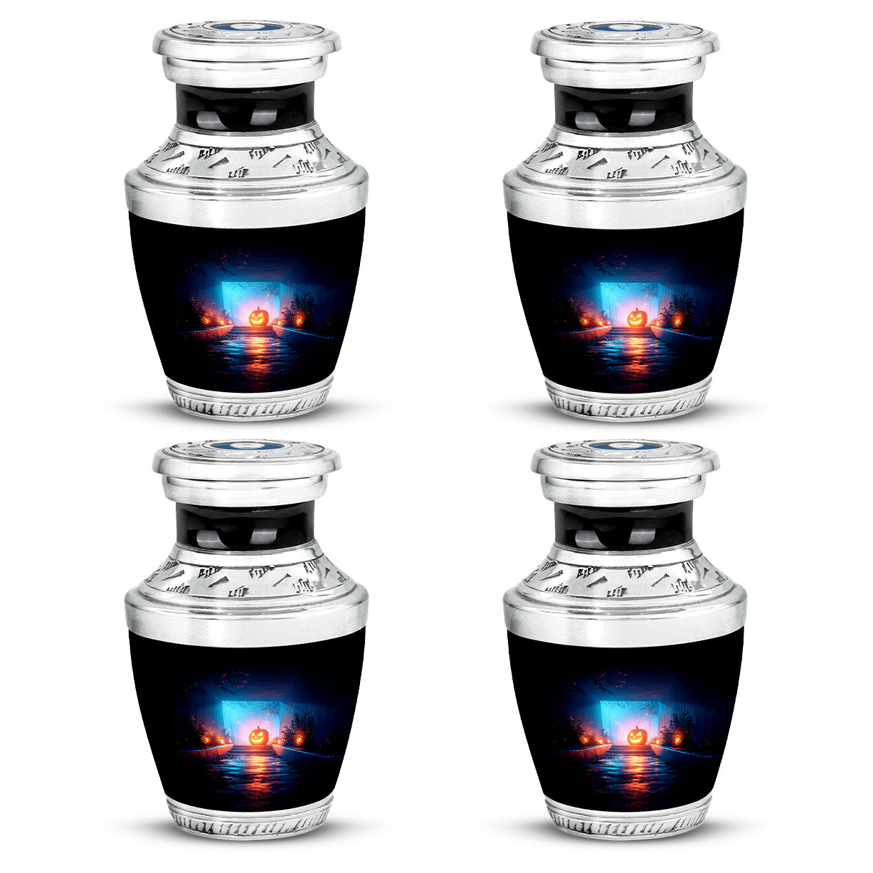 Dark Black Halloween Cremation Urn back view with polished surface - artistic halloween interpretation with creative detail - 10 inch aluminum urn for cremated remains