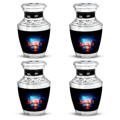 Dark Black Halloween Cremation Urn back view with polished surface - artistic halloween interpretation with creative detail - 10 inch aluminum urn for cremated remains