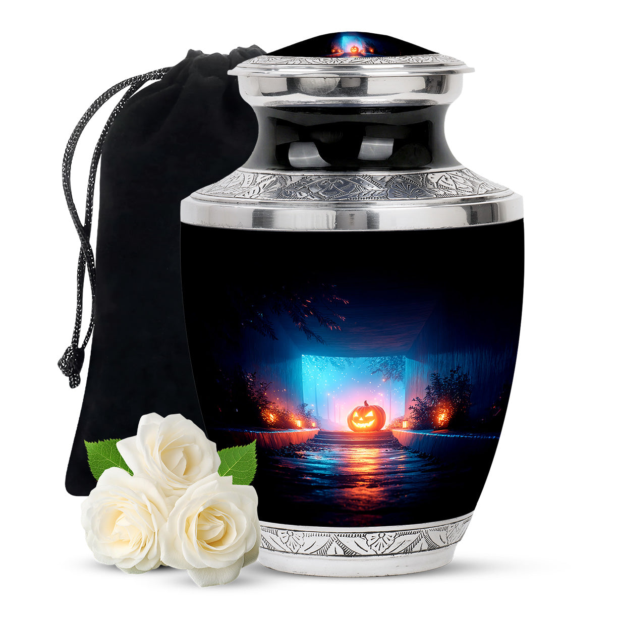 Charcoal Black Halloween Cremation Urn side profile showing urn shape - stylized abstract halloween pattern with bold lines - full-size 10 inch 200 cubic inch adult cremation urn