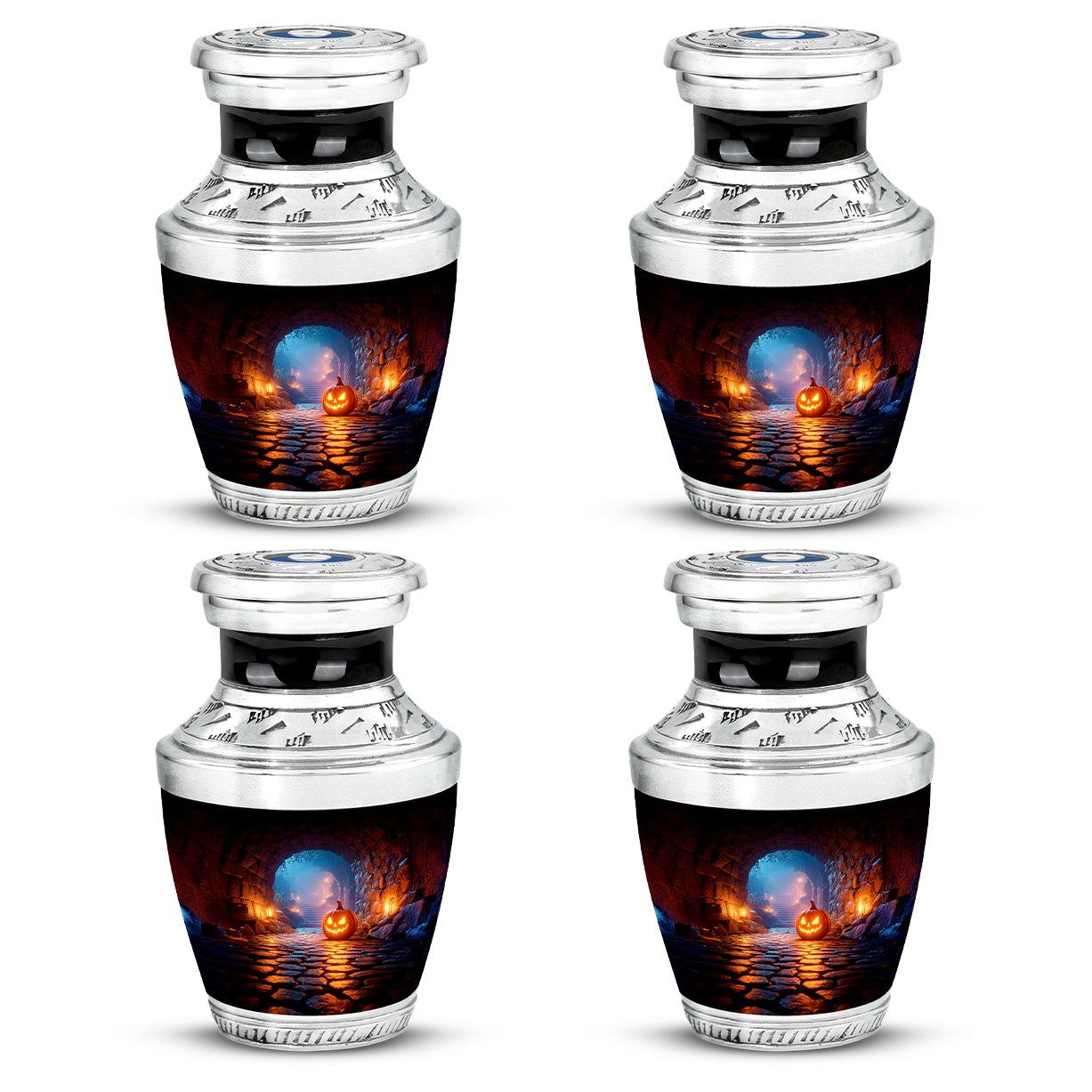 Deep Black Halloween Cremation Urn back view with polished surface - contemporary halloween design with modern artistic flair - 10 inch aluminum urn for cremated remains