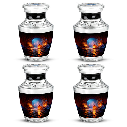 Deep Black Halloween Cremation Urn back view with polished surface - contemporary halloween design with modern artistic flair - 10 inch aluminum urn for cremated remains