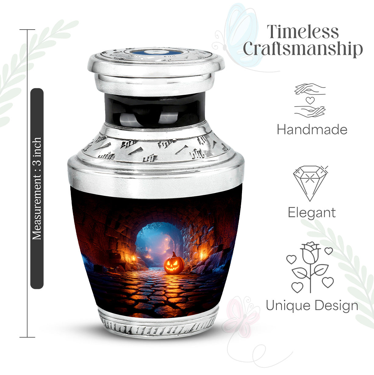Jet Black Halloween Cremation Urn top-down view of secure threaded lid - modern art-inspired halloween motif on sleek aluminum - mini keepsake memorial for portion of cremation ashes