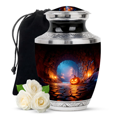 Dark Black Halloween Cremation Urn side profile showing urn shape - stylized abstract halloween pattern with bold lines - full-size 10 inch 200 cubic inch adult cremation urn