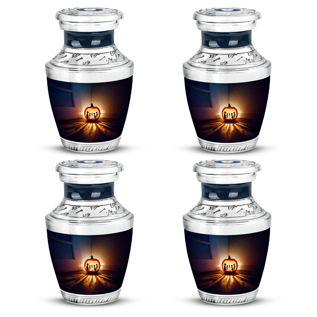 Misty Blue Halloween Cremation Urn back view with polished surface - modern art-inspired halloween motif on sleek aluminum - 10 inch aluminum urn for cremated remains