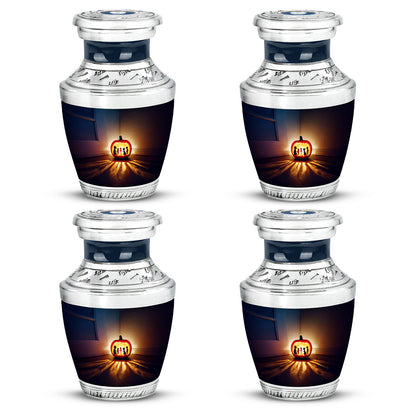 Misty Blue Halloween Cremation Urn back view with polished surface - modern art-inspired halloween motif on sleek aluminum - 10 inch aluminum urn for cremated remains