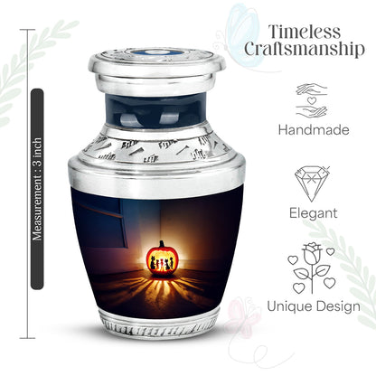 Bright Blue Halloween Cremation Urn top-down view of secure threaded lid - stylized abstract halloween pattern with bold lines - mini keepsake memorial for portion of cremation ashes