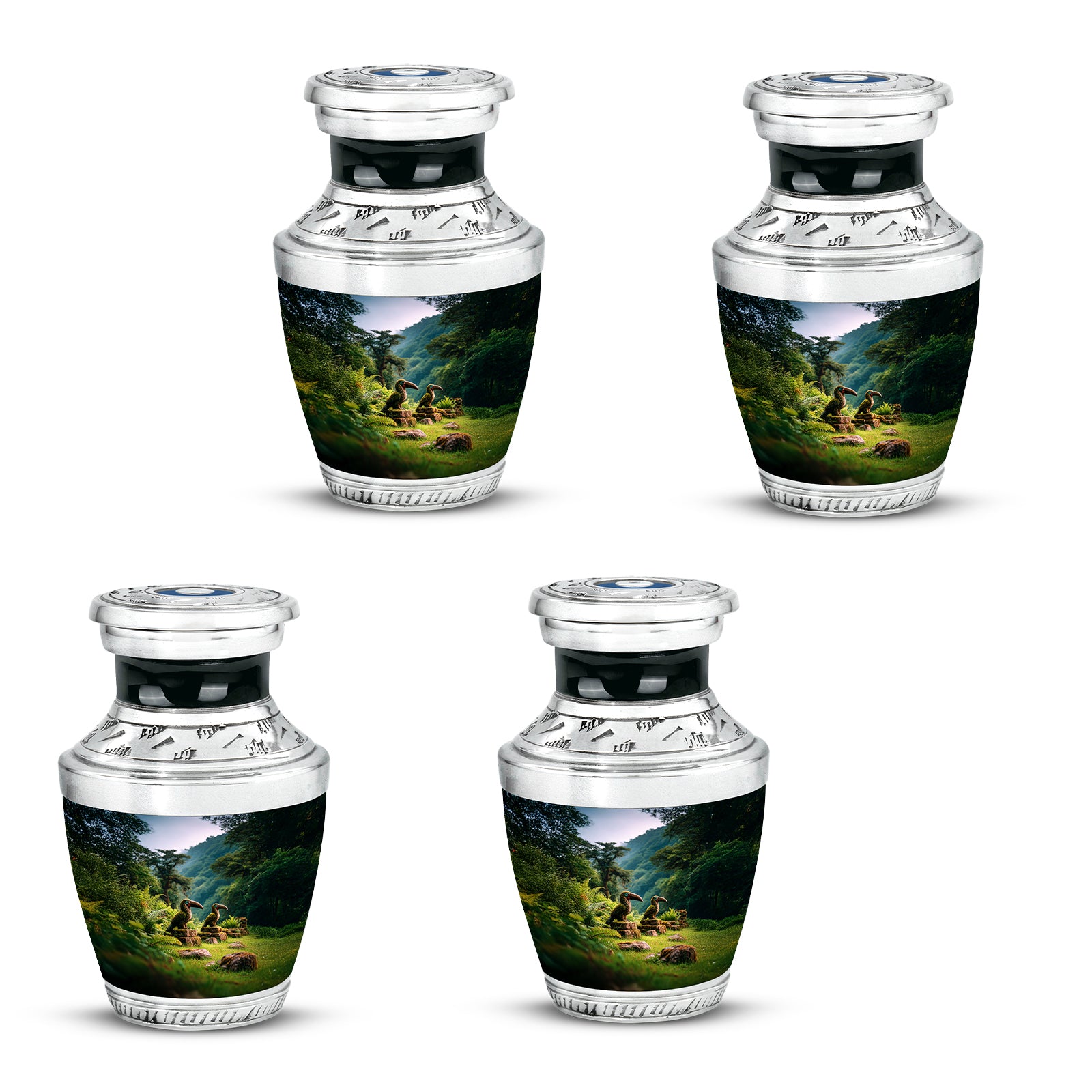 Bright Blue Hornbill Cremation Urn back view with polished surface - stylized abstract hornbill pattern with bold lines - 10 inch aluminum urn for cremated remains
