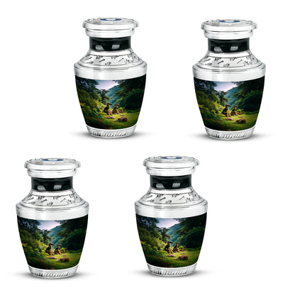 Bright Blue Hornbill Cremation Urn back view with polished surface - stylized abstract hornbill pattern with bold lines - 10 inch aluminum urn for cremated remains