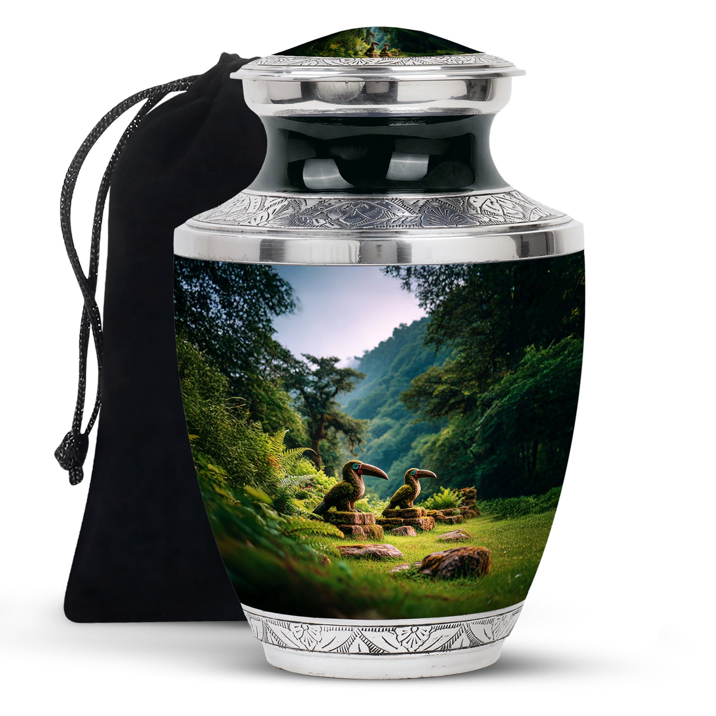 Steel Blue Hornbill Cremation Urn side profile showing urn shape - stylized abstract hornbill pattern with bold lines - full-size 10 inch 200 cubic inch adult cremation urn