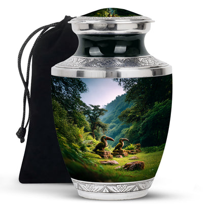 Steel Blue Hornbill Cremation Urn side profile showing urn shape - stylized abstract hornbill pattern with bold lines - full-size 10 inch 200 cubic inch adult cremation urn