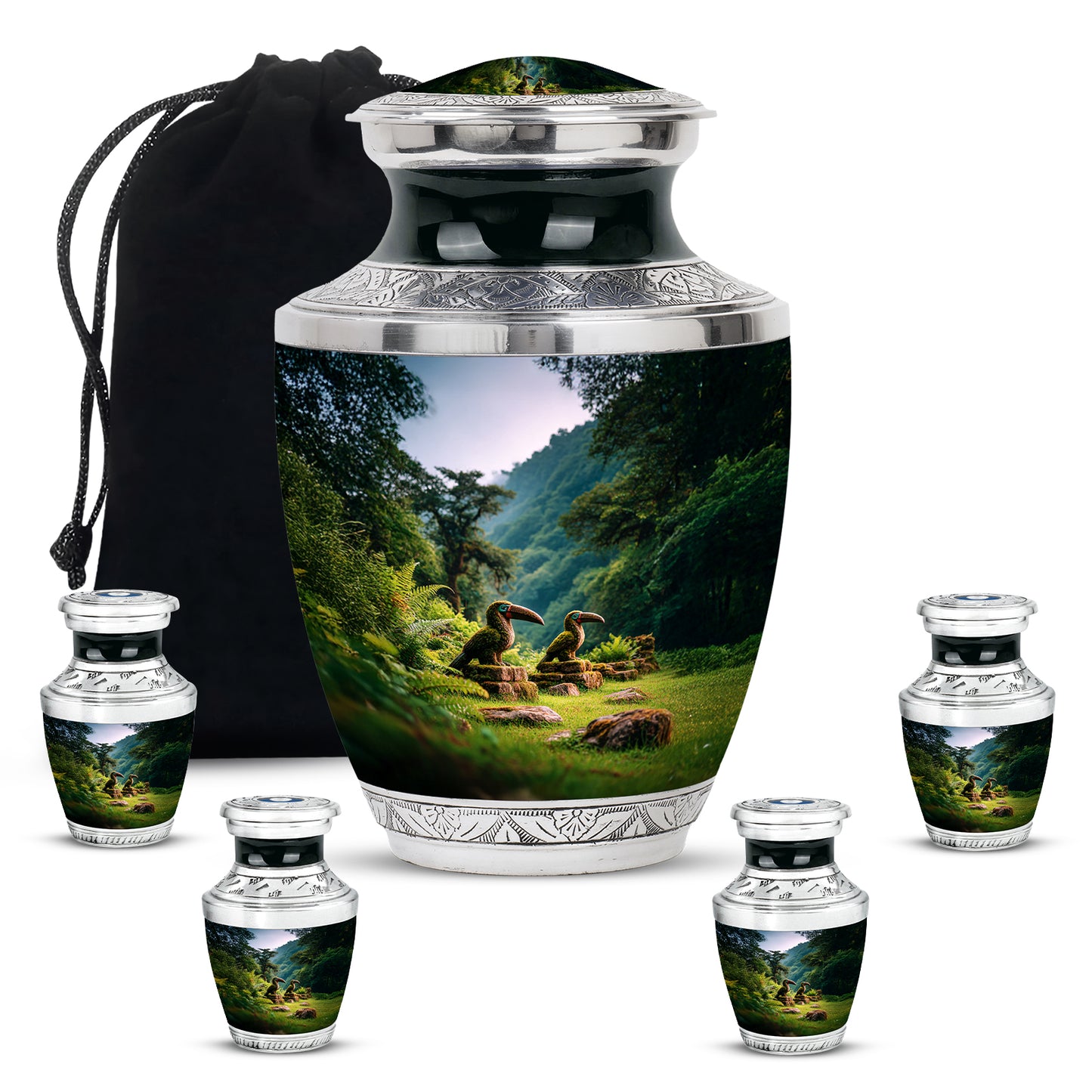 Vivid Blue Hornbill Cremation Urn lifestyle display on memorial shelf - artistic hornbill interpretation with creative detail - memorial set with one large and four small urns