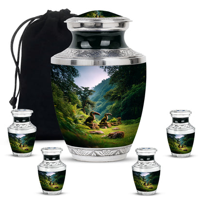 Vivid Blue Hornbill Cremation Urn lifestyle display on memorial shelf - artistic hornbill interpretation with creative detail - memorial set with one large and four small urns