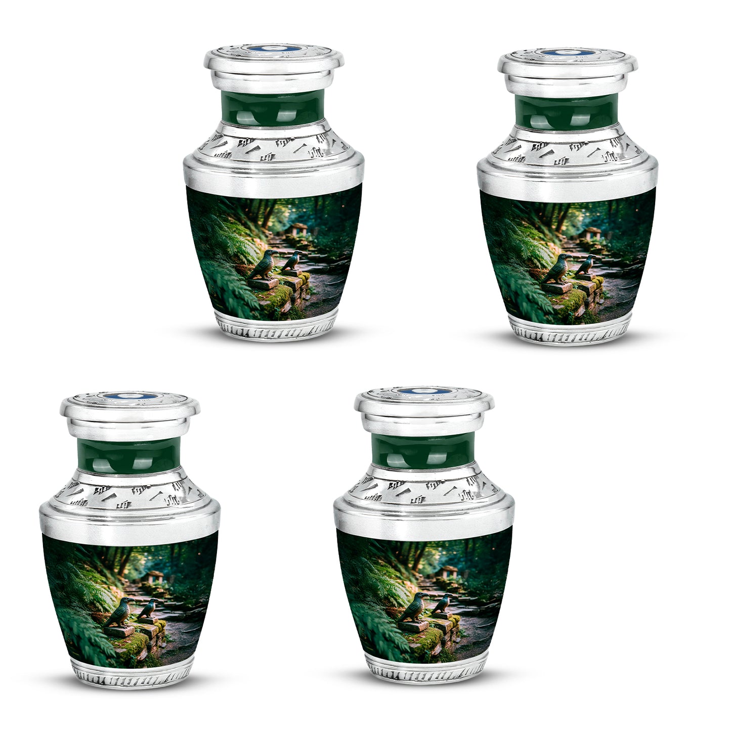 Olive Green Hornbill Cremation Urn back view with polished surface - stylized abstract hornbill pattern with bold lines - 10 inch aluminum urn for cremated remains