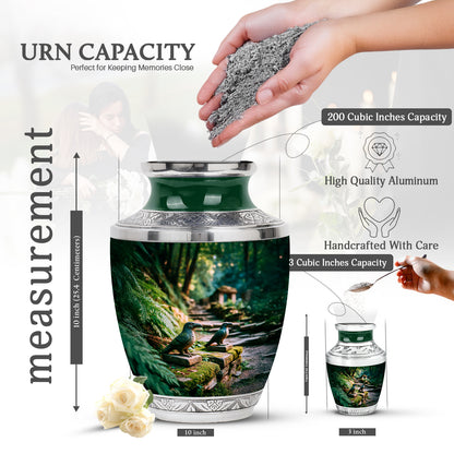 Verdant Green Hornbill Cremation Urn top-down view of secure threaded lid - modern art-inspired hornbill motif on sleek aluminum - mini keepsake memorial for portion of cremation ashes