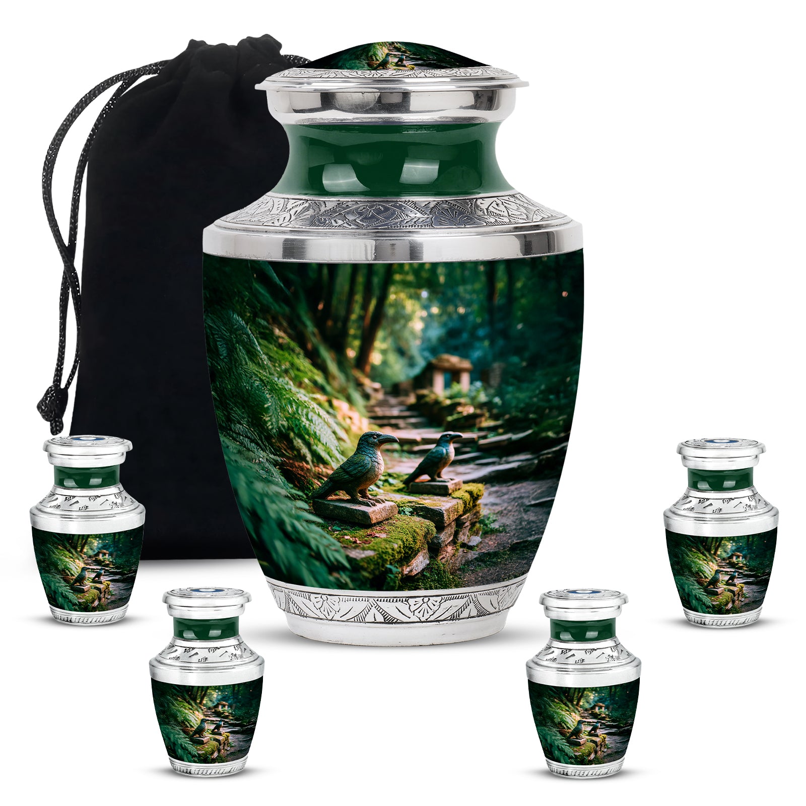 Moss Green Hornbill Cremation Urn lifestyle display on memorial shelf - contemporary hornbill design with modern artistic flair - memorial set with one large and four small urns