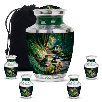 Moss Green Hornbill Cremation Urn lifestyle display on memorial shelf - contemporary hornbill design with modern artistic flair - memorial set with one large and four small urns