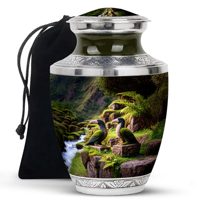 Royal Gold Hornbill Cremation Urn side profile showing urn shape - stylized abstract hornbill pattern with bold lines - full-size 10 inch 200 cubic inch adult cremation urn