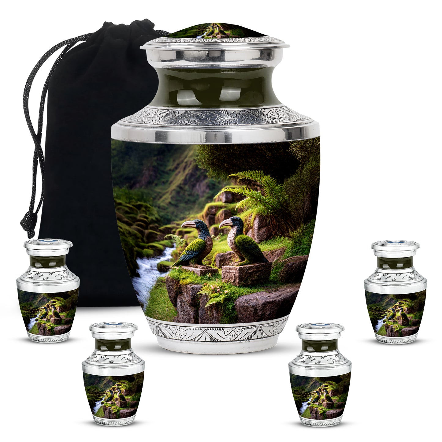 Matte Gold Hornbill Cremation Urn lifestyle display on memorial shelf - stylized abstract hornbill pattern with bold lines - memorial set with one large and four small urns