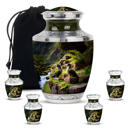 Matte Gold Hornbill Cremation Urn lifestyle display on memorial shelf - stylized abstract hornbill pattern with bold lines - memorial set with one large and four small urns