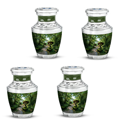 Forest Green Hornbill Cremation Urn back view with polished surface - artistic hornbill interpretation with creative detail - 10 inch aluminum urn for cremated remains