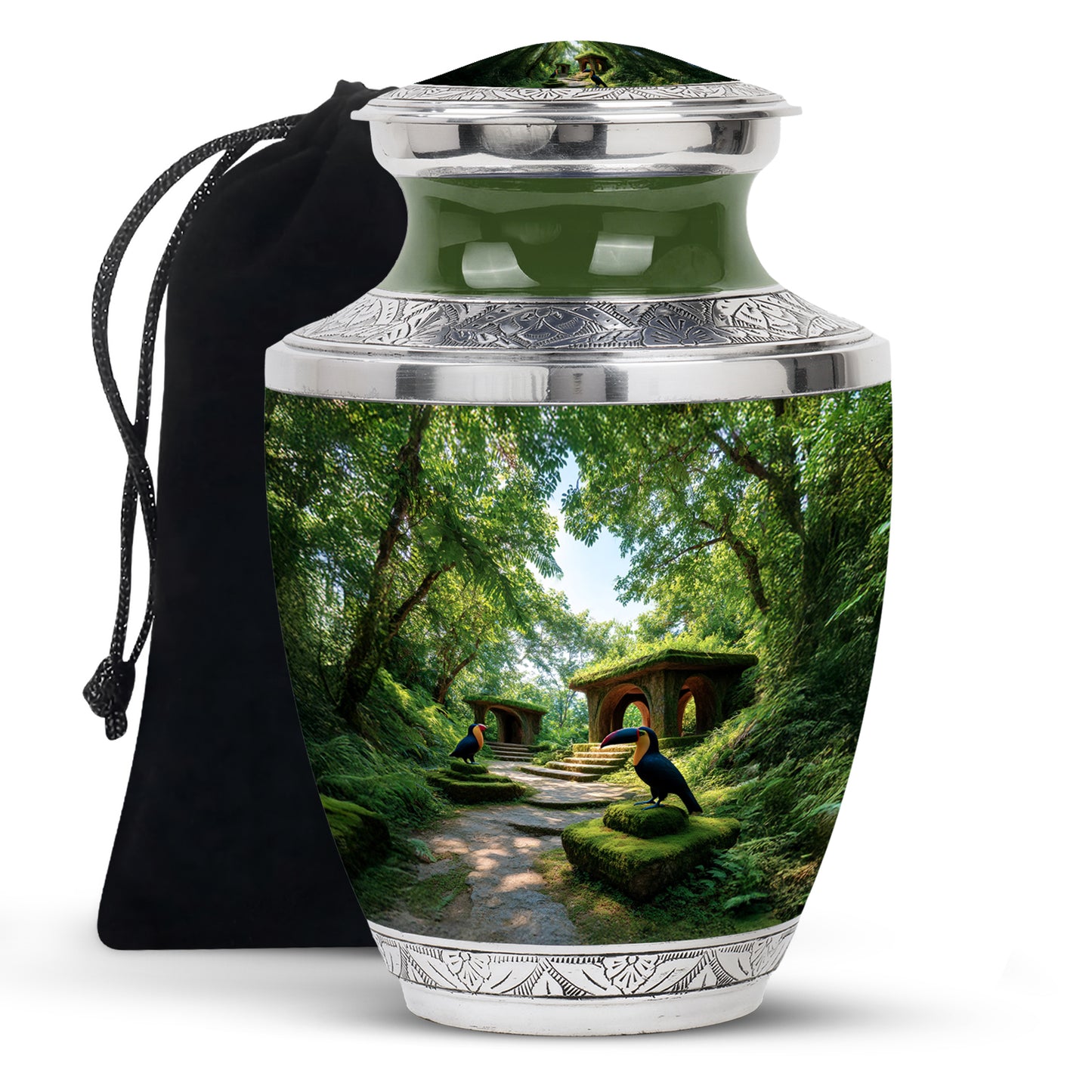 Moss Green Hornbill Cremation Urn side profile showing urn shape - modern art-inspired hornbill motif on sleek aluminum - full-size 10 inch 200 cubic inch adult cremation urn