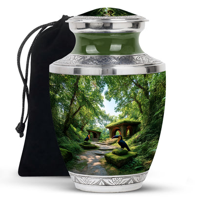 Moss Green Hornbill Cremation Urn side profile showing urn shape - modern art-inspired hornbill motif on sleek aluminum - full-size 10 inch 200 cubic inch adult cremation urn