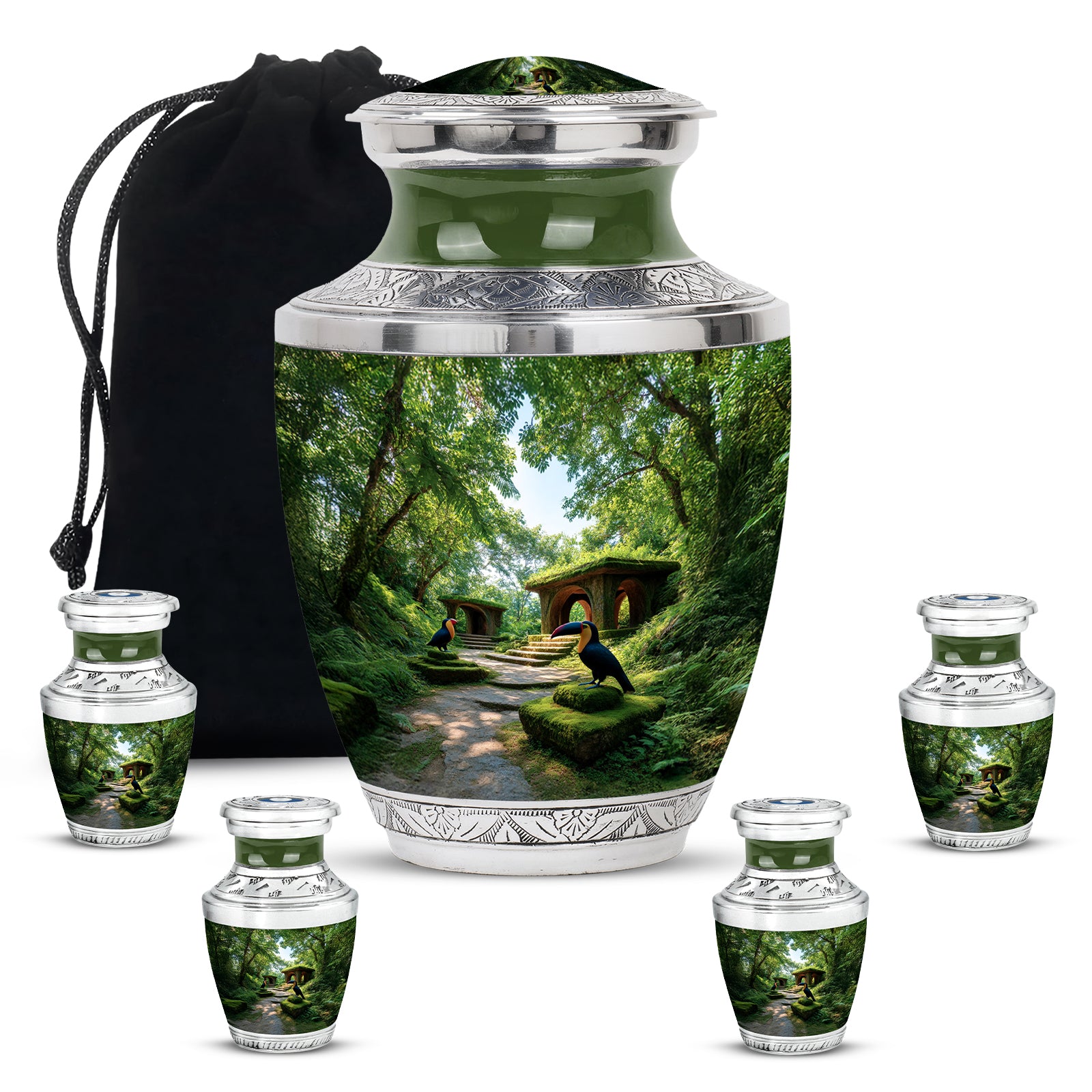 Sage Green Hornbill Cremation Urn lifestyle display on memorial shelf - contemporary hornbill design with modern artistic flair - memorial set with one large and four small urns