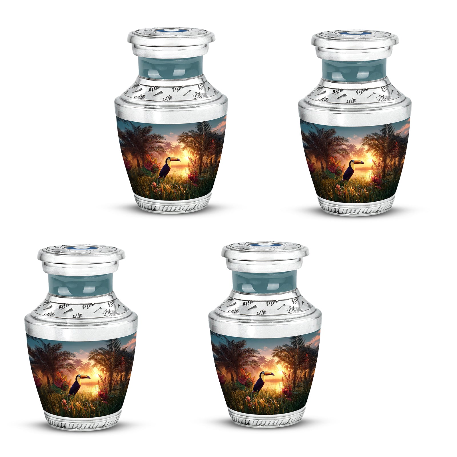 Sea Green Teal Hornbill Cremation Urn back view with polished surface - contemporary hornbill design with modern artistic flair - 10 inch aluminum urn for cremated remains