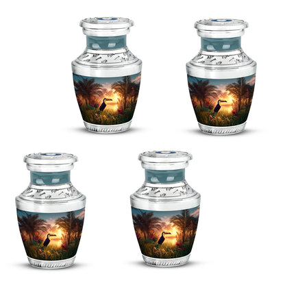 Sea Green Teal Hornbill Cremation Urn back view with polished surface - contemporary hornbill design with modern artistic flair - 10 inch aluminum urn for cremated remains