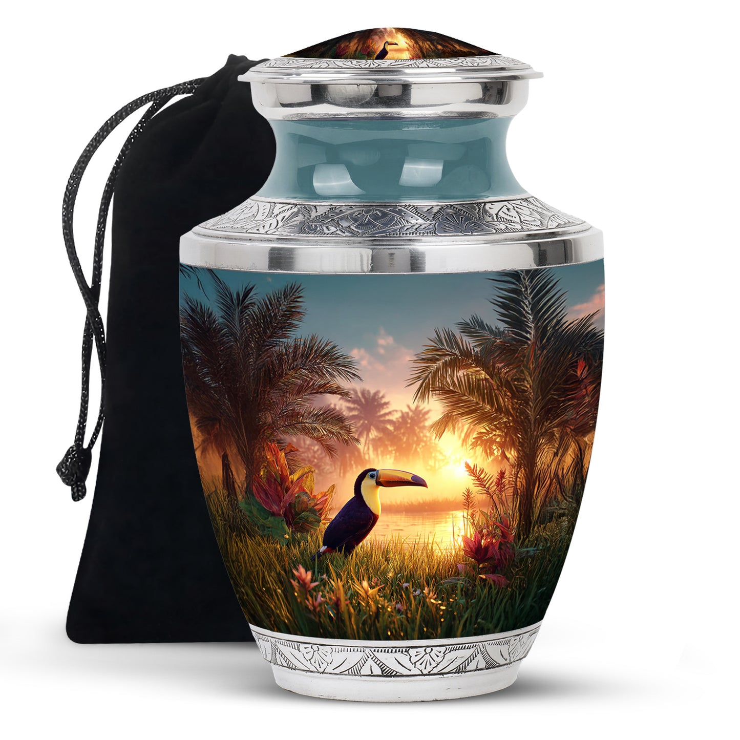 Aqua Teal Hornbill Cremation Urn side profile showing urn shape - artistic hornbill interpretation with creative detail - full-size 10 inch 200 cubic inch adult cremation urn