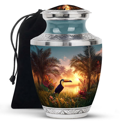 Aqua Teal Hornbill Cremation Urn side profile showing urn shape - artistic hornbill interpretation with creative detail - full-size 10 inch 200 cubic inch adult cremation urn
