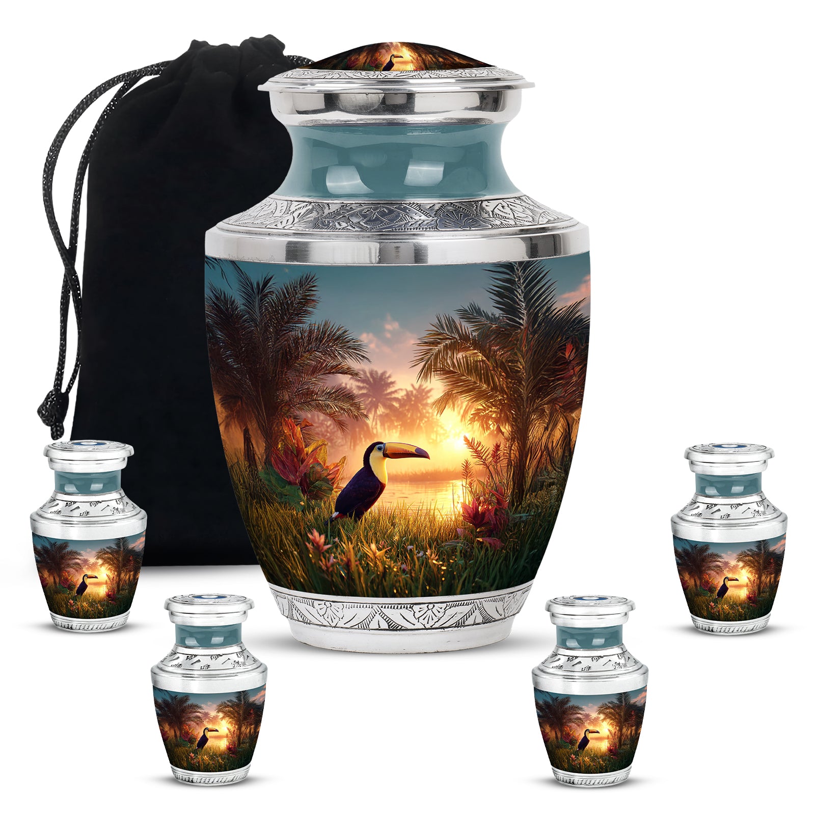 Soft Teal Hornbill Cremation Urn lifestyle display on memorial shelf - modern art-inspired hornbill motif on sleek aluminum - memorial set with one large and four small urns