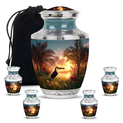 Soft Teal Hornbill Cremation Urn lifestyle display on memorial shelf - modern art-inspired hornbill motif on sleek aluminum - memorial set with one large and four small urns