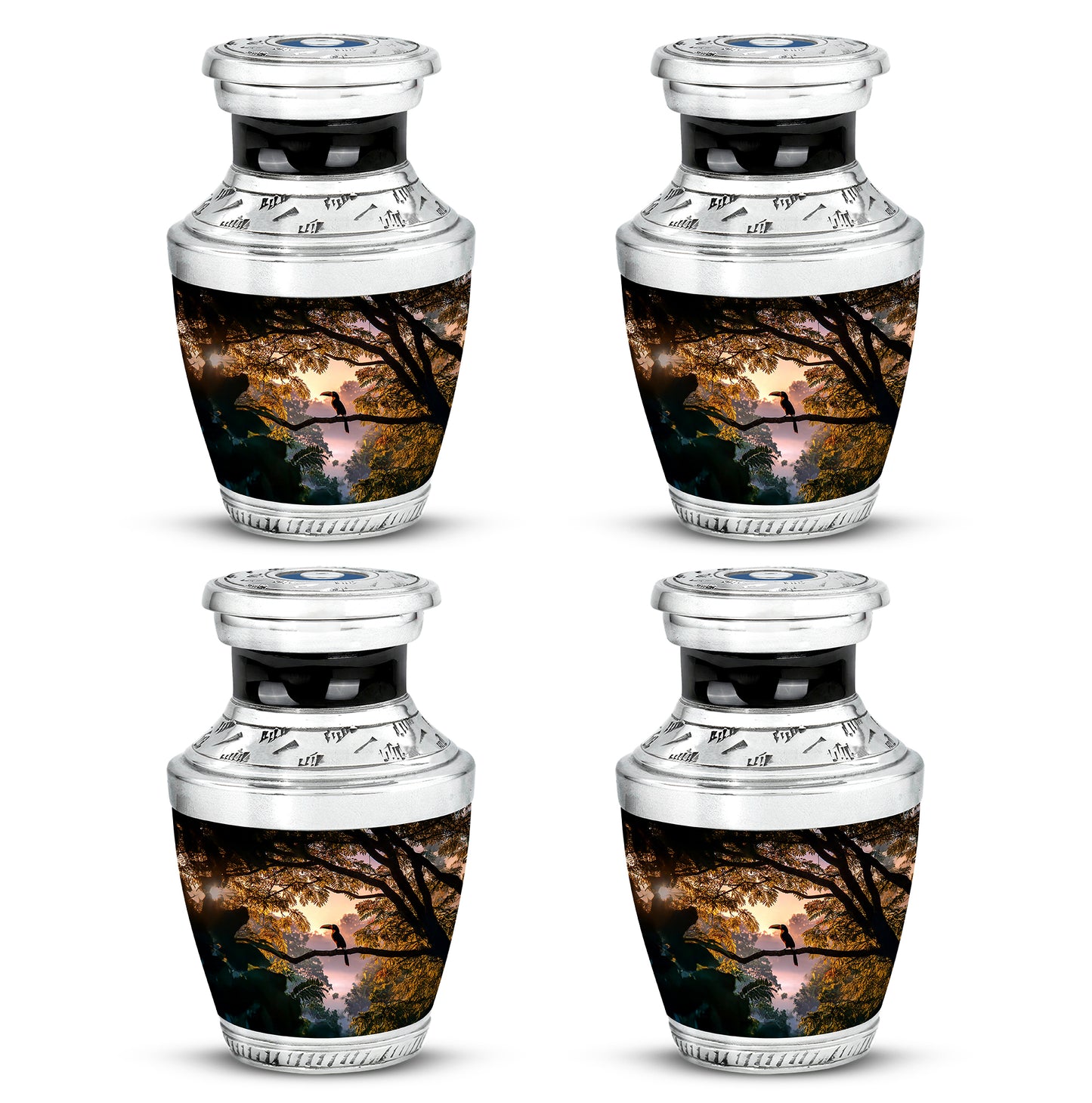 Ebony Hornbill Cremation Urn back view with polished surface - modern art-inspired hornbill motif on sleek aluminum - 10 inch aluminum urn for cremated remains