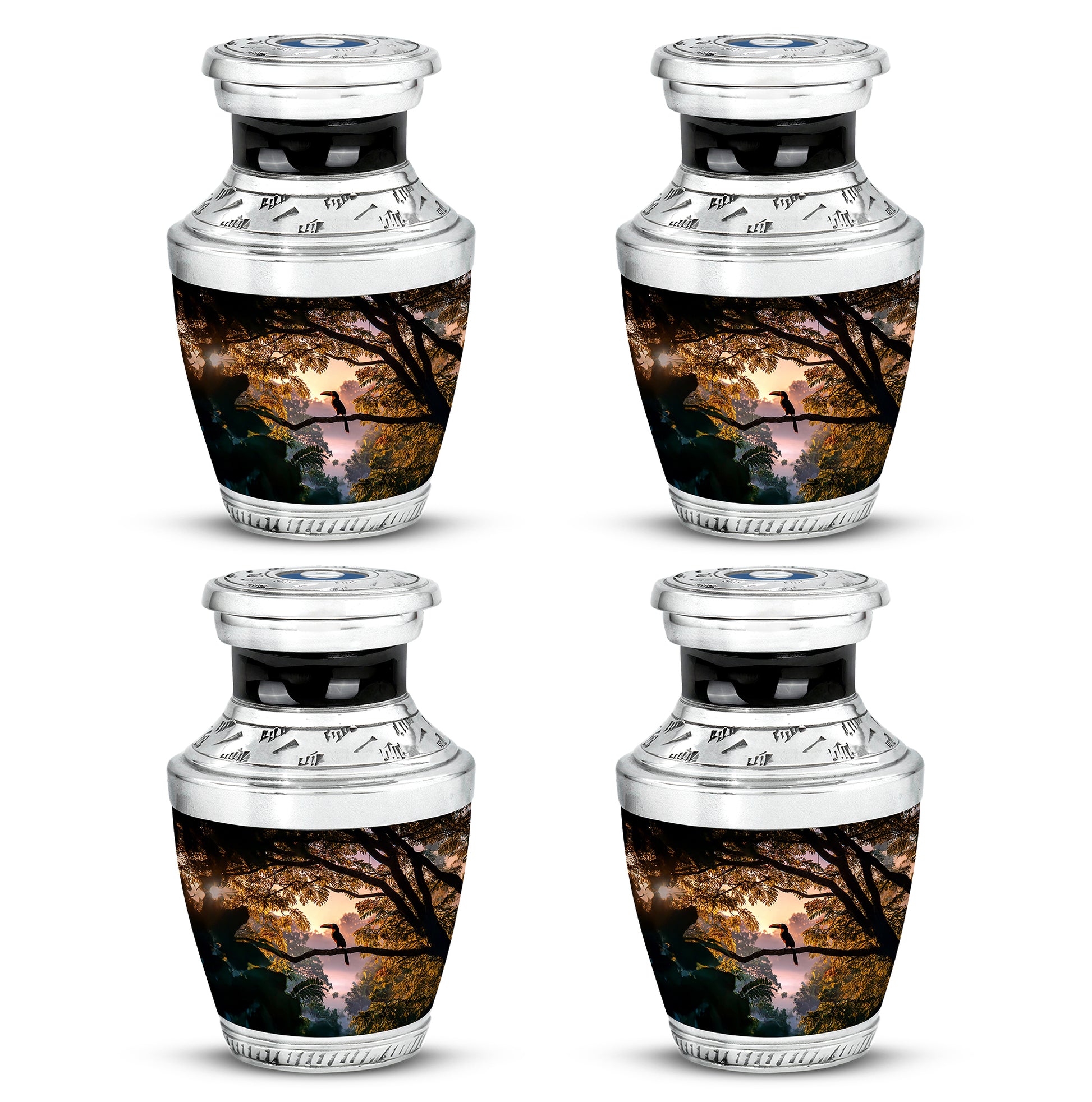 Ebony Hornbill Cremation Urn back view with polished surface - modern art-inspired hornbill motif on sleek aluminum - 10 inch aluminum urn for cremated remains