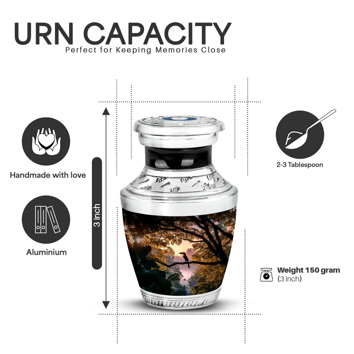 Jet Black Hornbill Cremation Urn top-down view of secure threaded lid - modern art-inspired hornbill motif on sleek aluminum - mini keepsake memorial for portion of cremation ashes