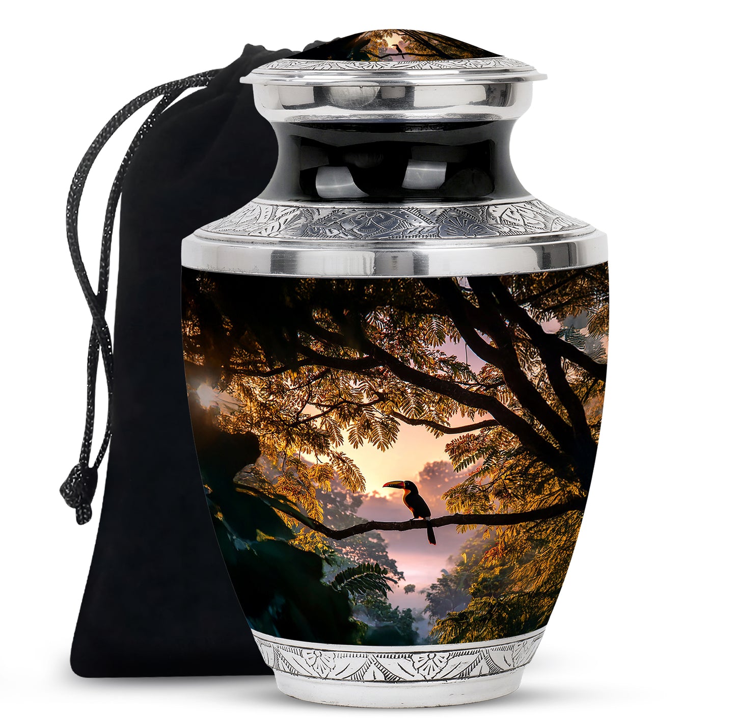 Ebony Hornbill Cremation Urn side profile showing urn shape - contemporary hornbill design with modern artistic flair - full-size 10 inch 200 cubic inch adult cremation urn