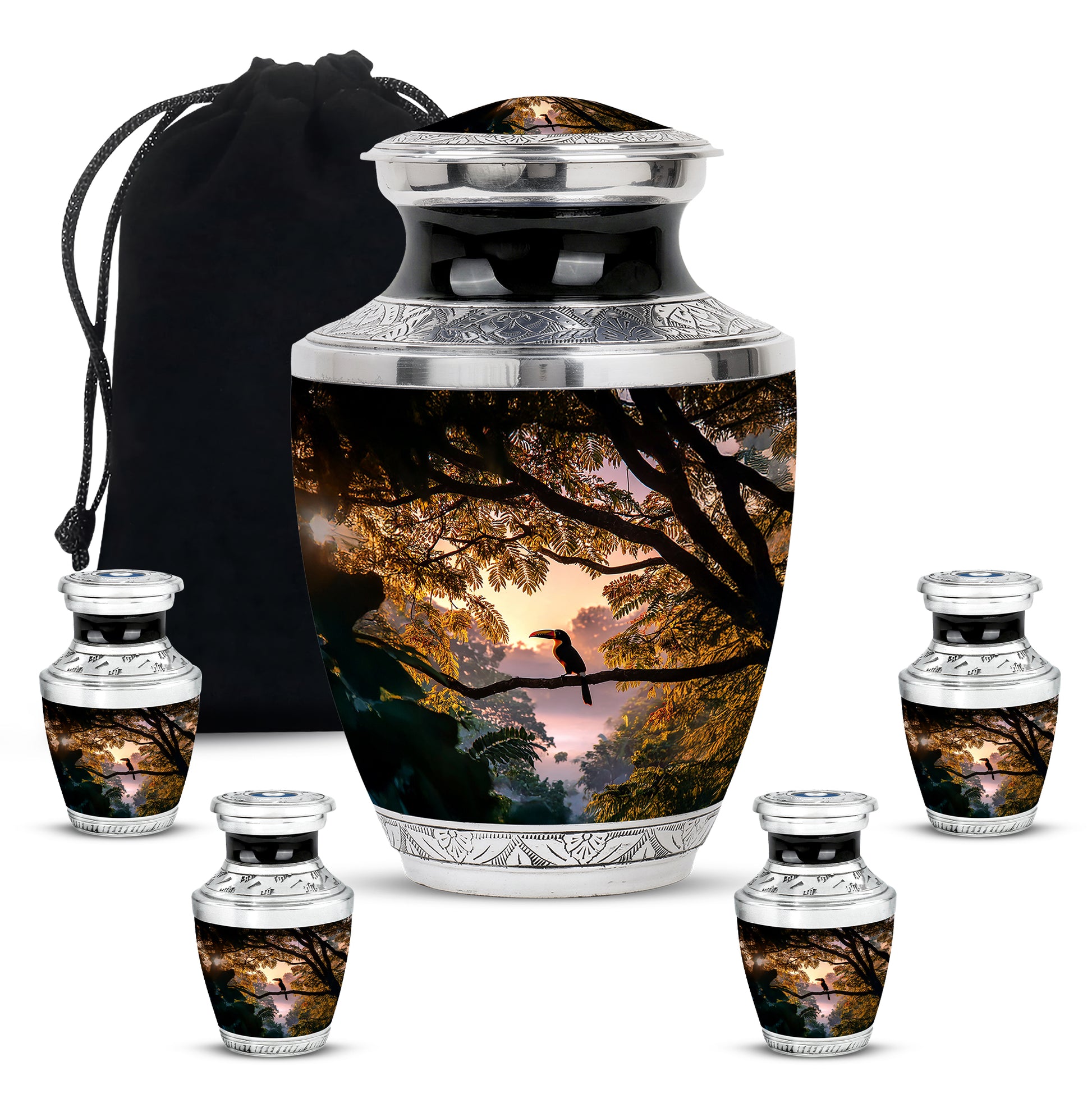 Deep Black Hornbill Cremation Urn lifestyle display on memorial shelf - contemporary hornbill design with modern artistic flair - memorial set with one large and four small urns