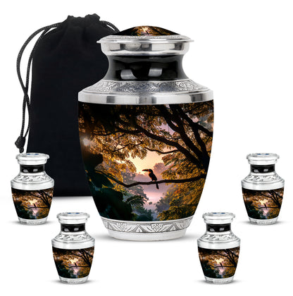 Deep Black Hornbill Cremation Urn lifestyle display on memorial shelf - contemporary hornbill design with modern artistic flair - memorial set with one large and four small urns