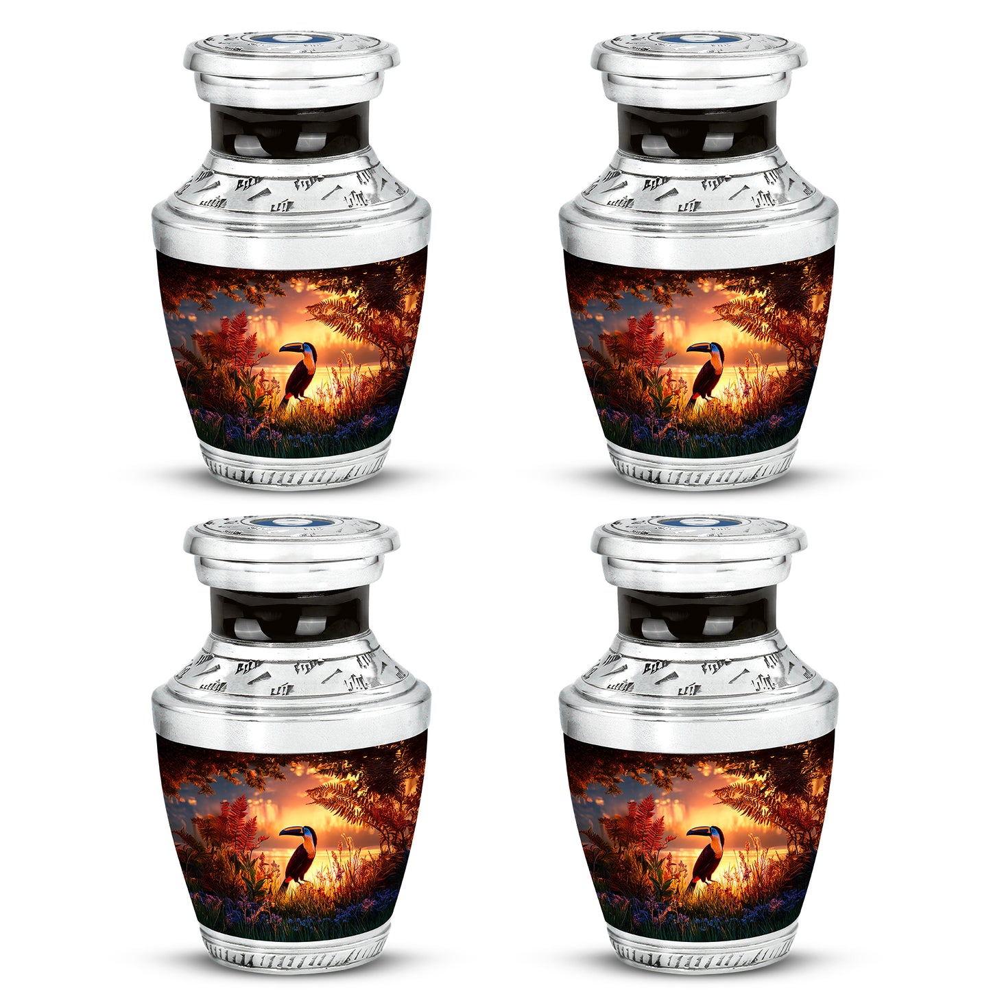 Wine Red Hornbill Cremation Urn back view with polished surface - modern art-inspired hornbill motif on sleek aluminum - 10 inch aluminum urn for cremated remains